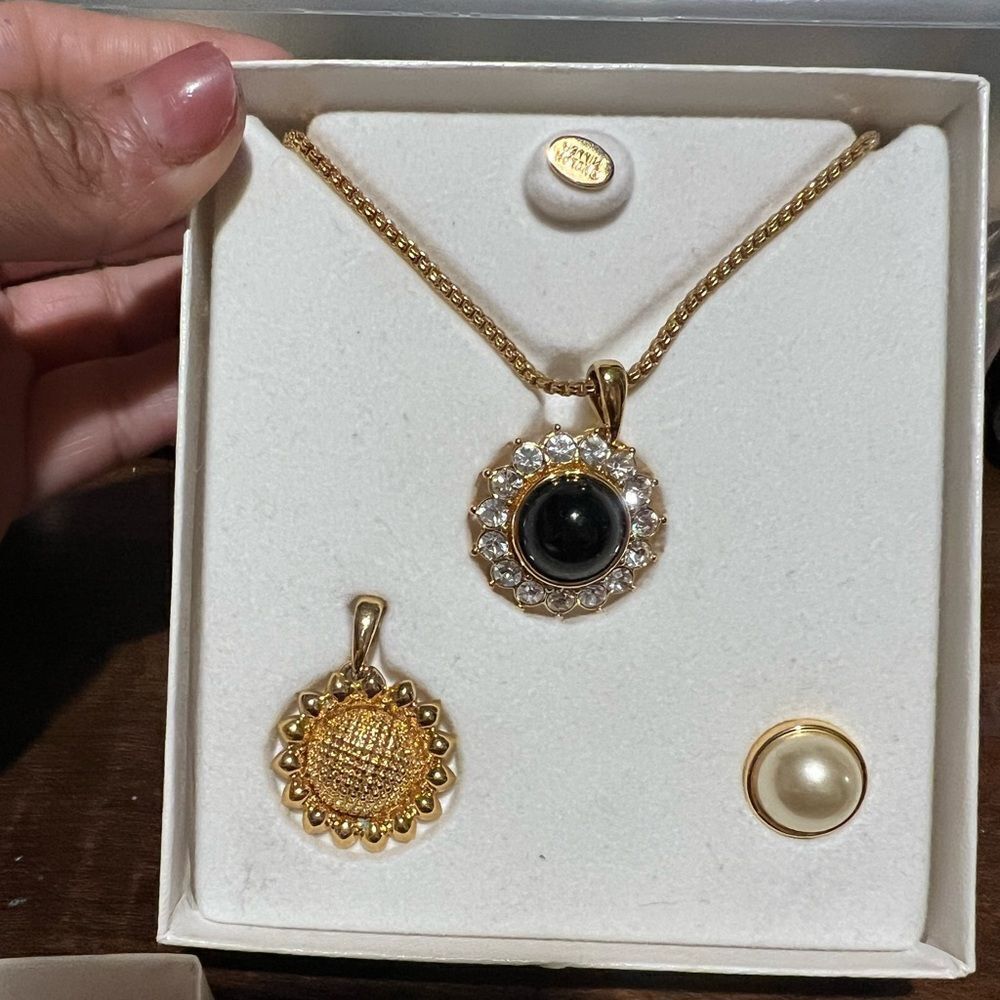 Vintage Nolan Miller Sunflower, Crystal and Faux Black Onyx Interchangeable